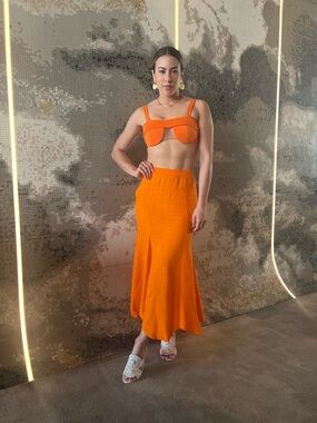 Bright Orange High-Waist Midi Skirt - Women's Summer Skirt